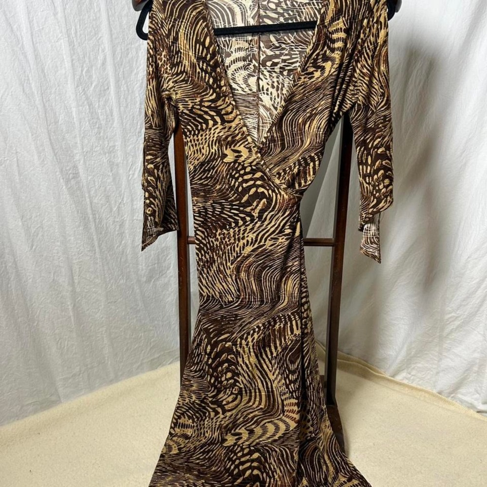 Vintage Y2K Forever 21 Faux Wrap Midi Dress animal print burnout XS 3/4 sleeves